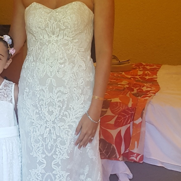 Oleg Cassini Strapless Lace Sheath Wedding Dress - Picture 2 of 5